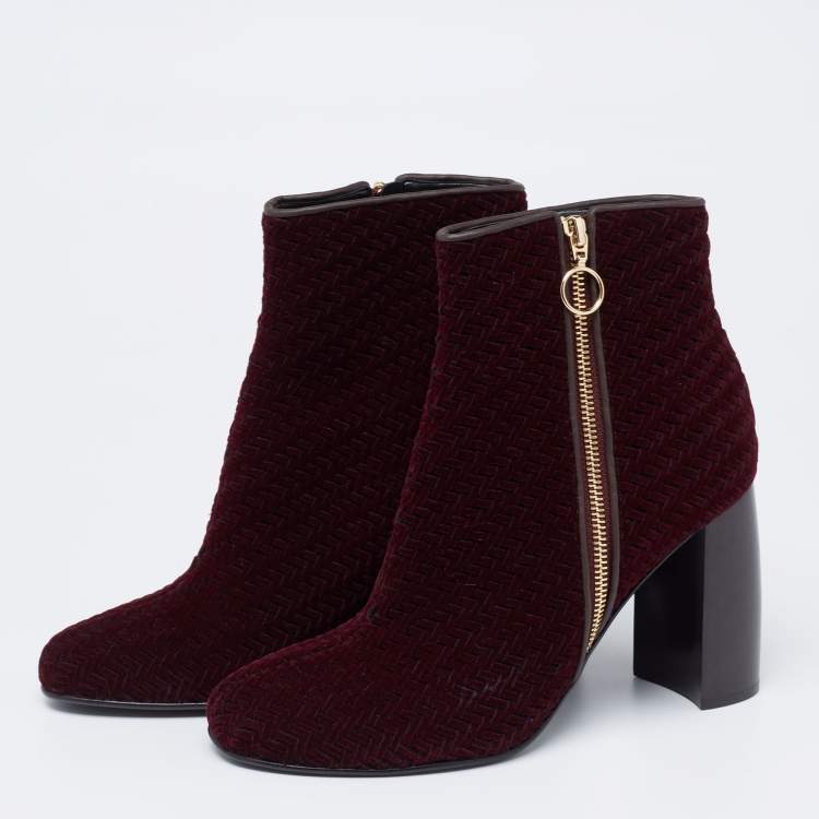 Pre Owned Stella McCartney Burgundy Woven Velvet Block Heel Ankle Heel Boots Size 40