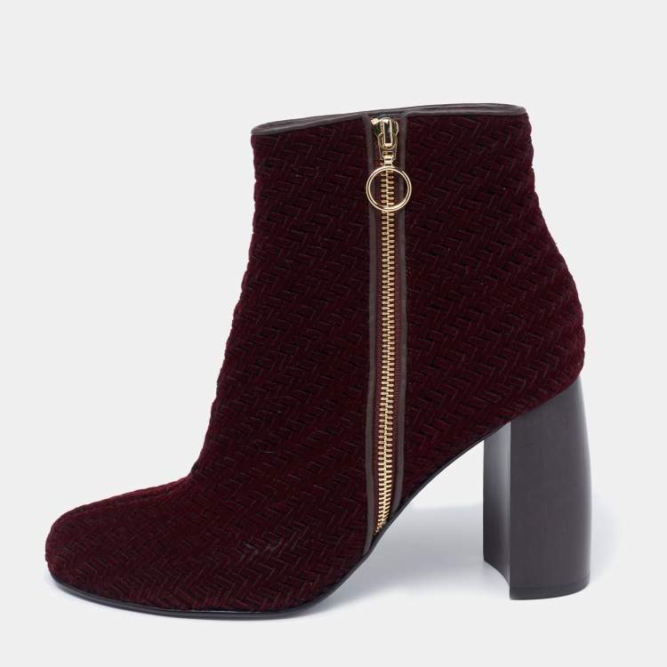 Pre Owned Stella McCartney Burgundy Woven Velvet Block Heel Ankle Heel Boots Size 40