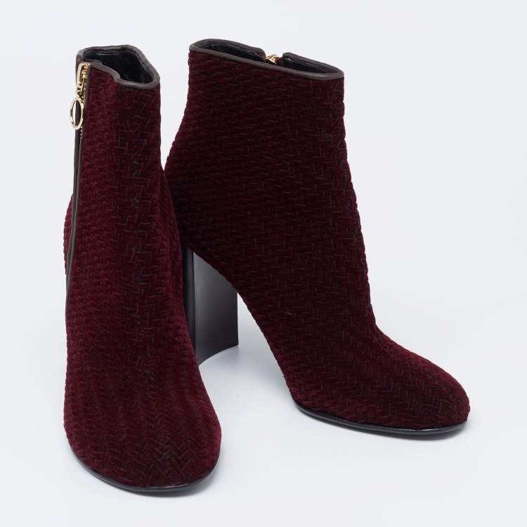 Pre Owned Stella McCartney Burgundy Woven Velvet Block Heel Ankle Heel Boots Size 40