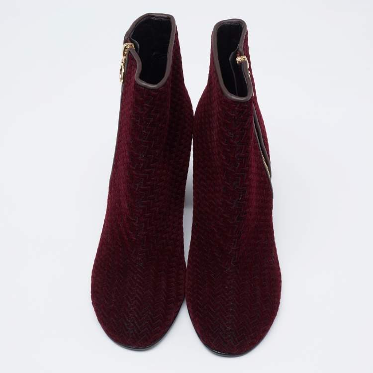 Pre Owned Stella McCartney Burgundy Woven Velvet Block Heel Ankle Heel Boots Size 40