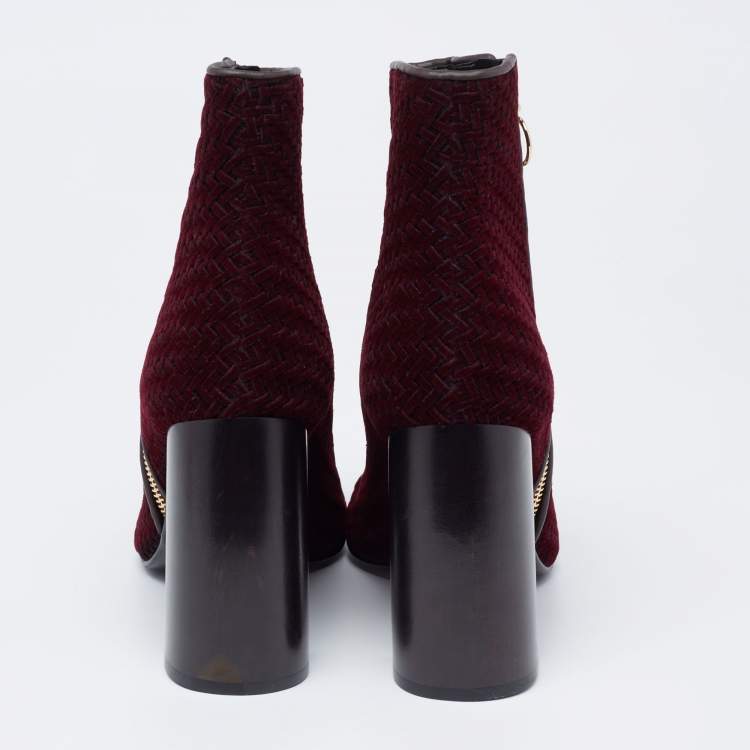 Pre Owned Stella McCartney Burgundy Woven Velvet Block Heel Ankle Heel Boots Size 40