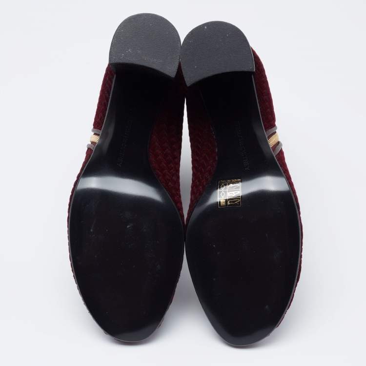 Pre Owned Stella McCartney Burgundy Woven Velvet Block Heel Ankle Heel Boots Size 40