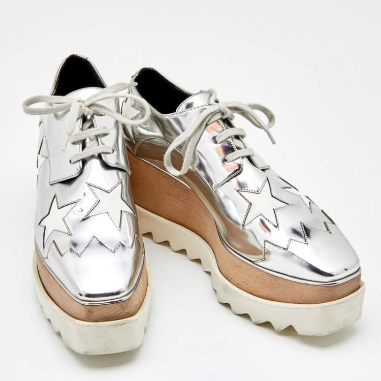 Pre Owned Stella McCartney Silver/White Faux Patent Leather Elyse Star Platform Lace Up Sneakers Size 37.5