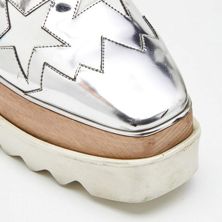 Pre Owned Stella McCartney Silver/White Faux Patent Leather Elyse Star Platform Lace Up Sneakers Size 37.5