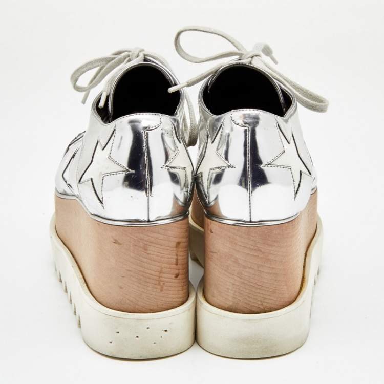 Pre Owned Stella McCartney Silver/White Faux Patent Leather Elyse Star Platform Lace Up Sneakers Size 37.5