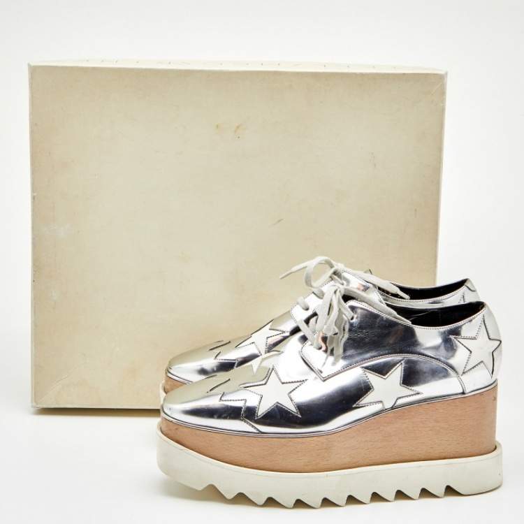 Pre Owned Stella McCartney Silver/White Faux Patent Leather Elyse Star Platform Lace Up Sneakers Size 37.5