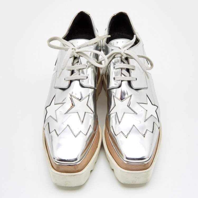 Pre Owned Stella McCartney Silver/White Faux Patent Leather Elyse Star Platform Lace Up Sneakers Size 37.5