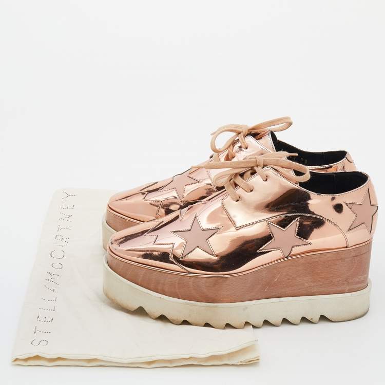 Pre Owned Stella McCartney Metallic Rose Gold Faux Patent Leather Elyse Star Platform Lace Up Sneakers Size 38