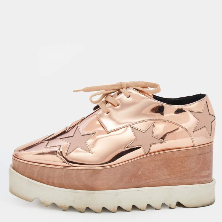 Pre Owned Stella McCartney Metallic Rose Gold Faux Patent Leather Elyse Star Platform Lace Up Sneakers Size 38