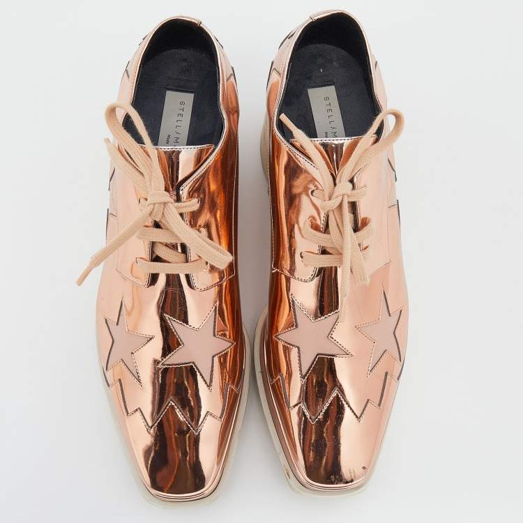 Pre Owned Stella McCartney Metallic Rose Gold Faux Patent Leather Elyse Star Platform Lace Up Sneakers Size 38