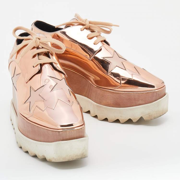 Pre Owned Stella McCartney Metallic Rose Gold Faux Patent Leather Elyse Star Platform Lace Up Sneakers Size 38