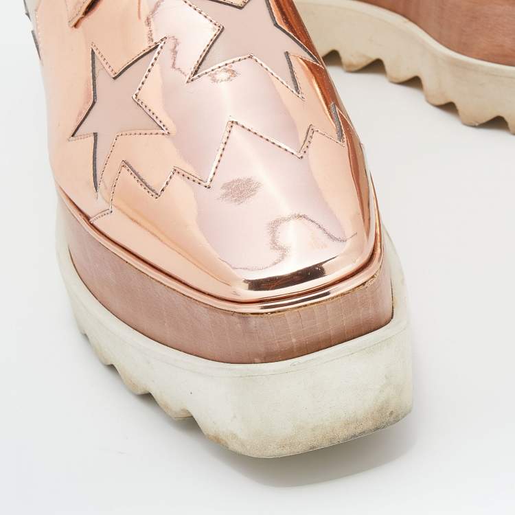 Pre Owned Stella McCartney Metallic Rose Gold Faux Patent Leather Elyse Star Platform Lace Up Sneakers Size 38