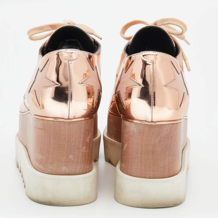 Pre Owned Stella McCartney Metallic Rose Gold Faux Patent Leather Elyse Star Platform Lace Up Sneakers Size 38