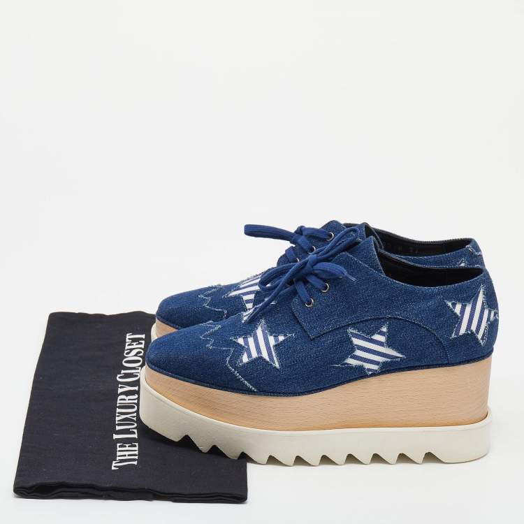 Pre Owned Stella McCartney Blue Denim Elyse Star Platform Lace Up Sneakers Size 37