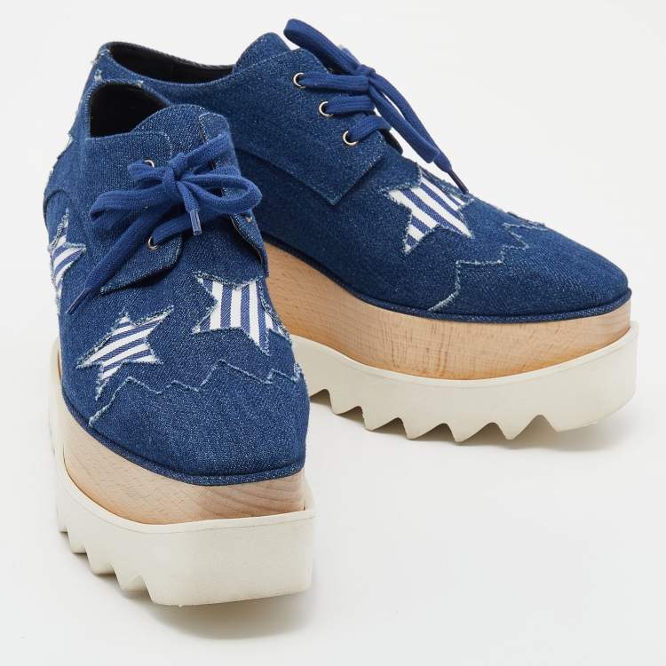 Pre Owned Stella McCartney Blue Denim Elyse Star Platform Lace Up Sneakers Size 37