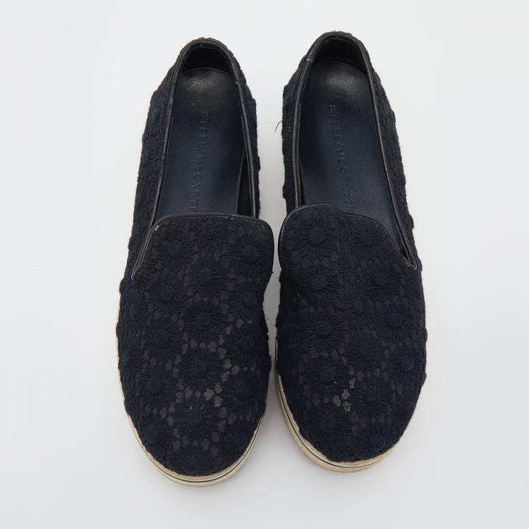 Pre Owned Stella McCartney Black Crochet And Canvas Platform Slip On Sneakers Size 38