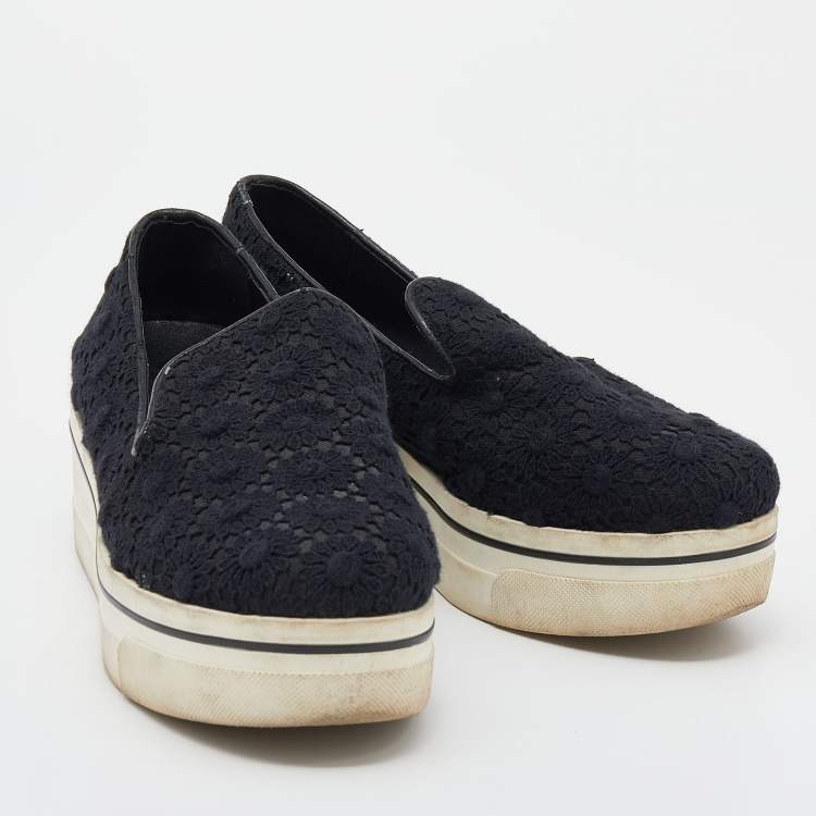Pre Owned Stella McCartney Black Crochet And Canvas Platform Slip On Sneakers Size 38