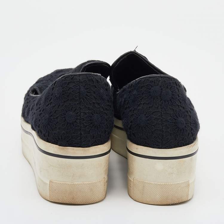 Pre Owned Stella McCartney Black Crochet And Canvas Platform Slip On Sneakers Size 38