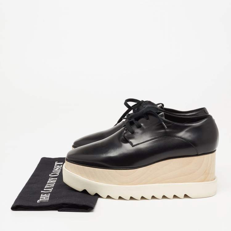 Pre Owned Stella McCartney Black Faux Leather  Elyse Platform Wedge Sneakers Size 39