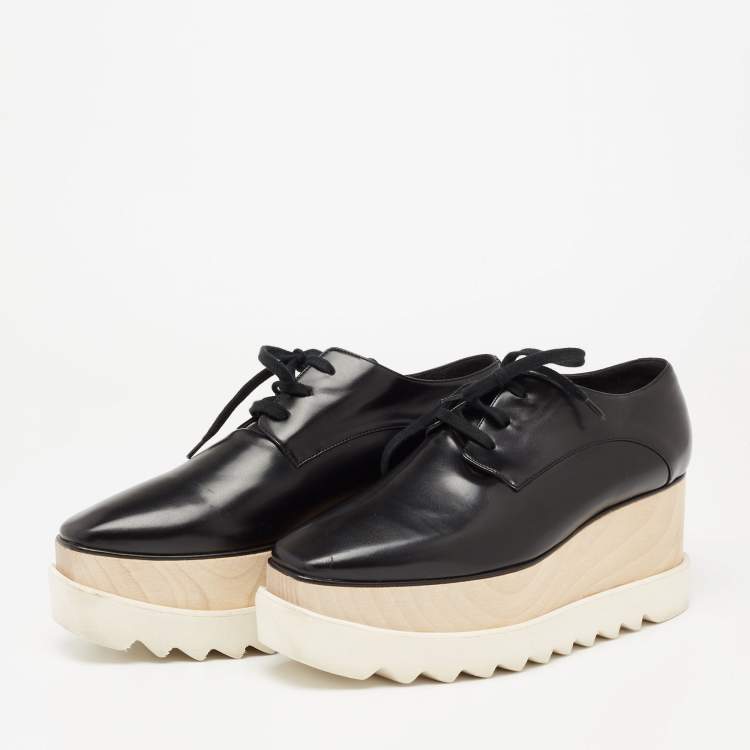 Pre Owned Stella McCartney Black Faux Leather  Elyse Platform Wedge Sneakers Size 39
