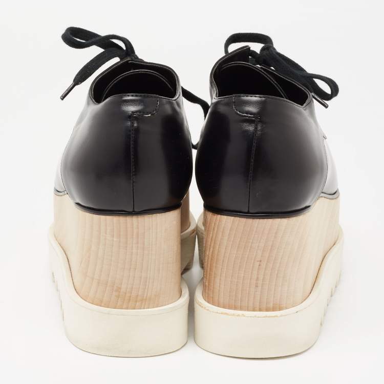 Pre Owned Stella McCartney Black Faux Leather  Elyse Platform Wedge Sneakers Size 39