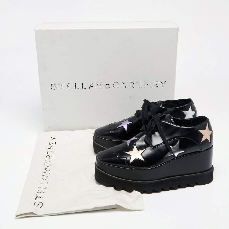 مملوكة مسبقًا Stella McCartney Black Faux Leather Elyse Star Platform Lace Up Sneakers Size 37