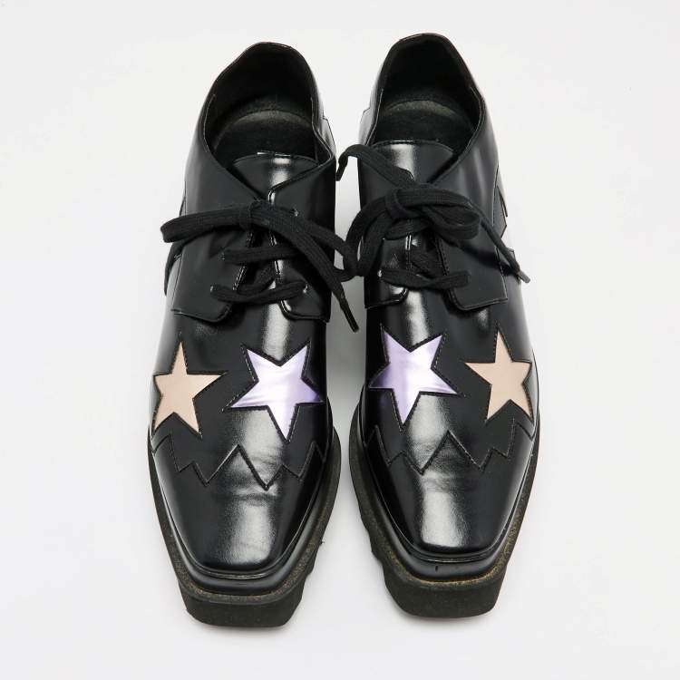 مملوكة مسبقًا Stella McCartney Black Faux Leather Elyse Star Platform Lace Up Sneakers Size 37