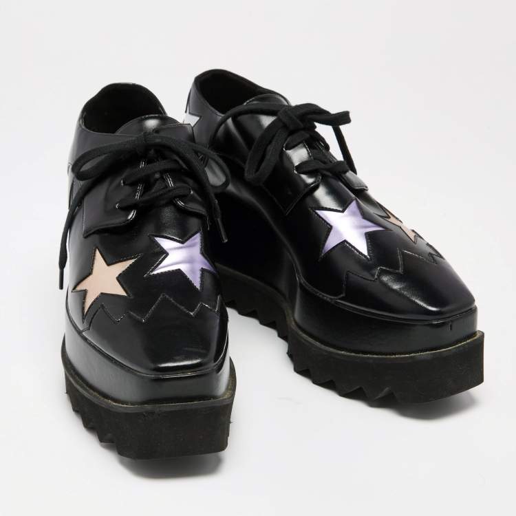 مملوكة مسبقًا Stella McCartney Black Faux Leather Elyse Star Platform Lace Up Sneakers Size 37