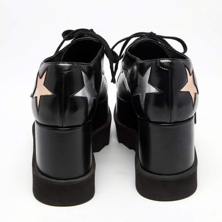 مملوكة مسبقًا Stella McCartney Black Faux Leather Elyse Star Platform Lace Up Sneakers Size 37