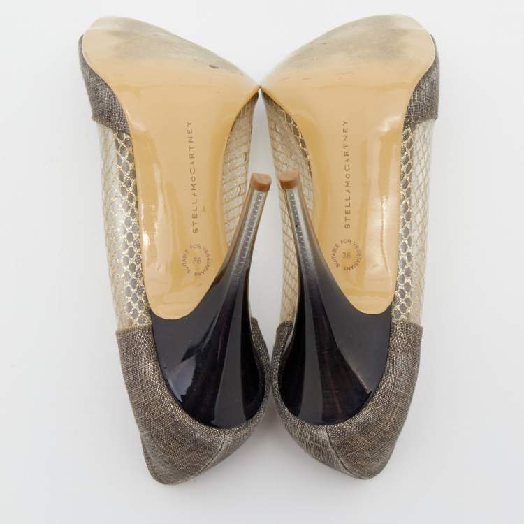 Pre Owned Stella McCartney Grey/Gold Canvas and PVC Peep Toe Pumps Size 36