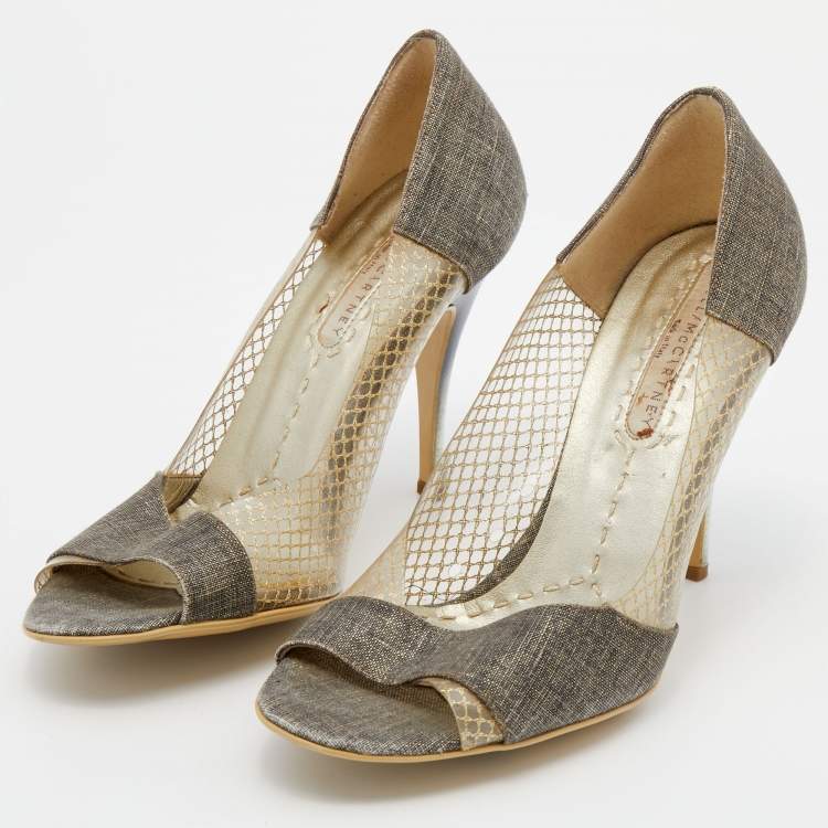 Pre Owned Stella McCartney Grey/Gold Canvas and PVC Peep Toe Pumps Size 36