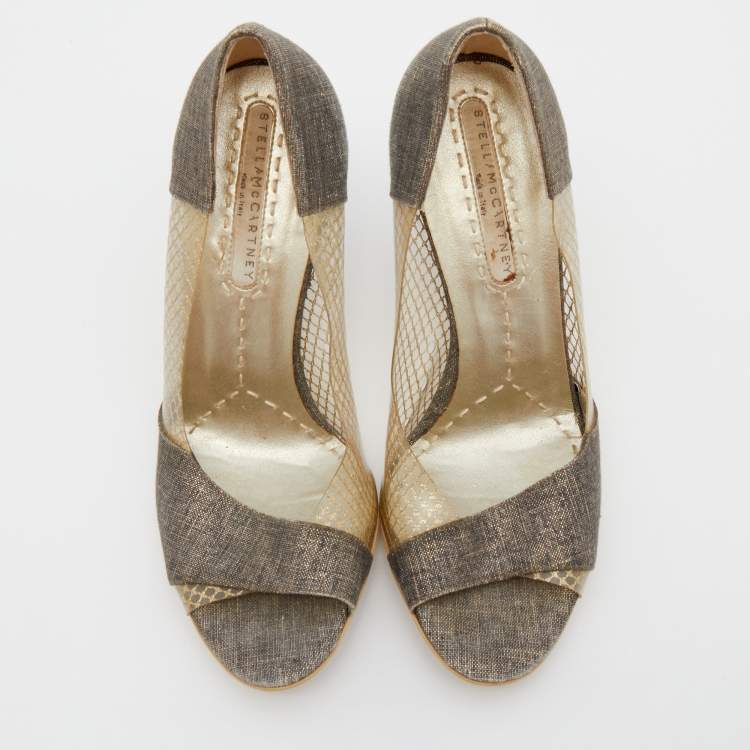 Pre Owned Stella McCartney Grey/Gold Canvas and PVC Peep Toe Pumps Size 36