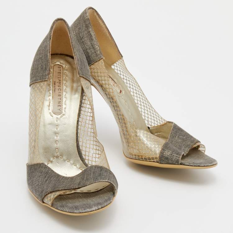 Pre Owned Stella McCartney Grey/Gold Canvas and PVC Peep Toe Pumps Size 36