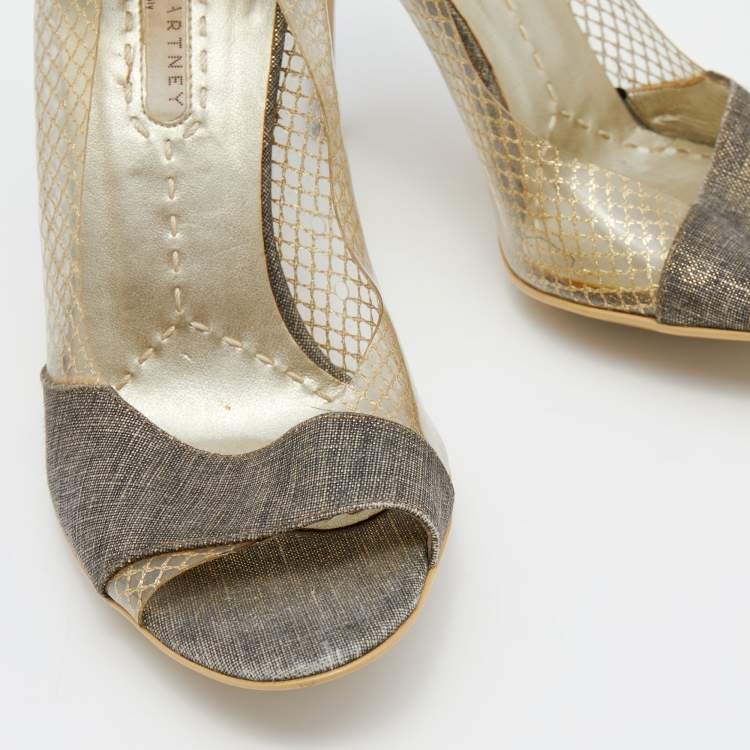 Pre Owned Stella McCartney Grey/Gold Canvas and PVC Peep Toe Pumps Size 36
