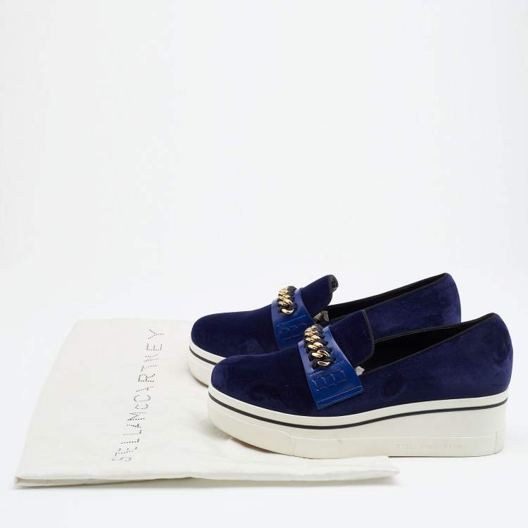 Pre Owned Stella McCartney Blue Velvet And Faux Leather Binx Chain Platform Loafers Size 38
