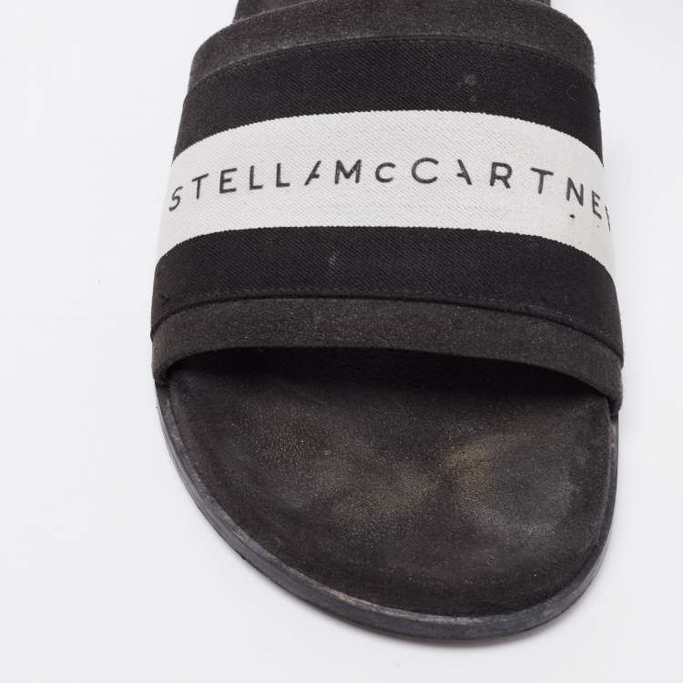 Pre Owned Stella McCartney Black/White  Faux Suede And Canvas Logo Slide Slippers Size 36