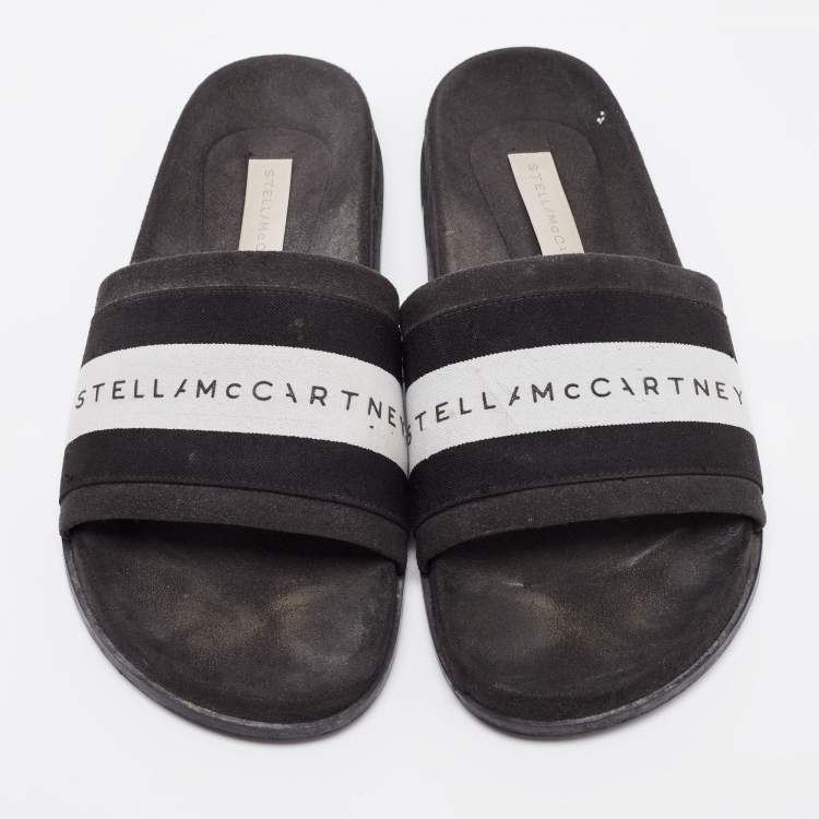 Pre Owned Stella McCartney Black/White  Faux Suede And Canvas Logo Slide Slippers Size 36