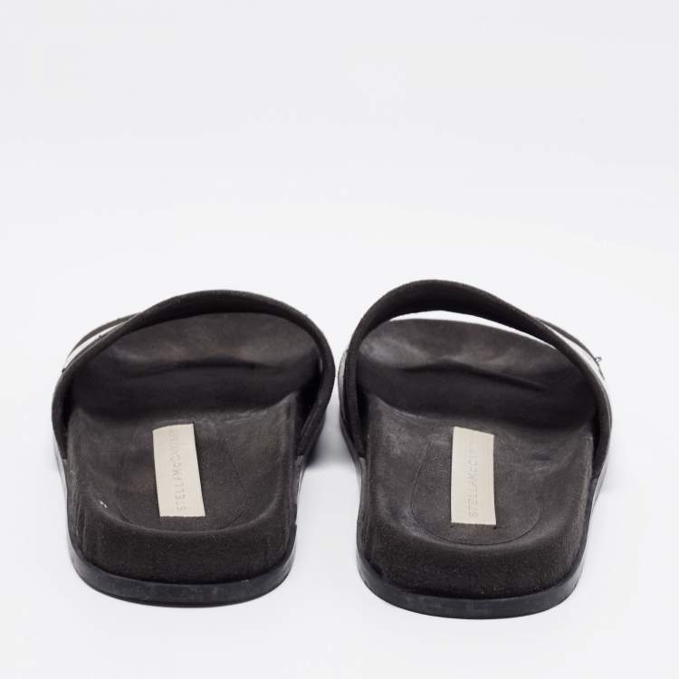 Pre Owned Stella McCartney Black/White  Faux Suede And Canvas Logo Slide Slippers Size 36