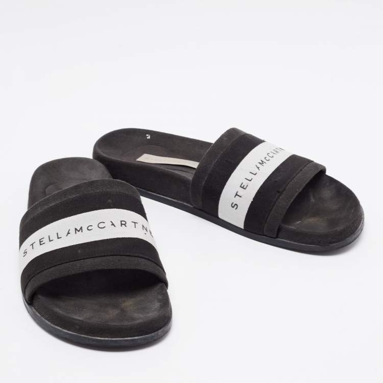 Pre Owned Stella McCartney Black/White  Faux Suede And Canvas Logo Slide Slippers Size 36