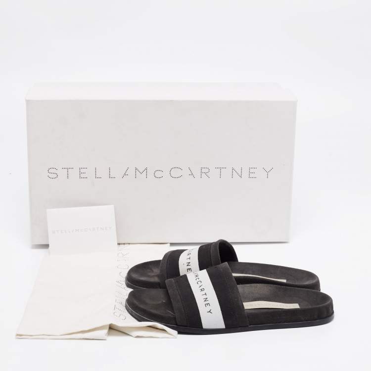 Pre Owned Stella McCartney Black/White  Faux Suede And Canvas Logo Slide Slippers Size 36