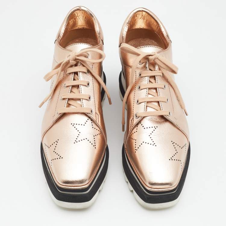 Pre Owned Stella McCartney Metallic Gold  Faux Perforated Leather Elyse Star Platform Derby Size 37