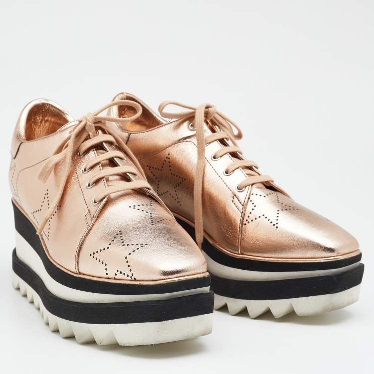 Pre Owned Stella McCartney Metallic Gold  Faux Perforated Leather Elyse Star Platform Derby Size 37