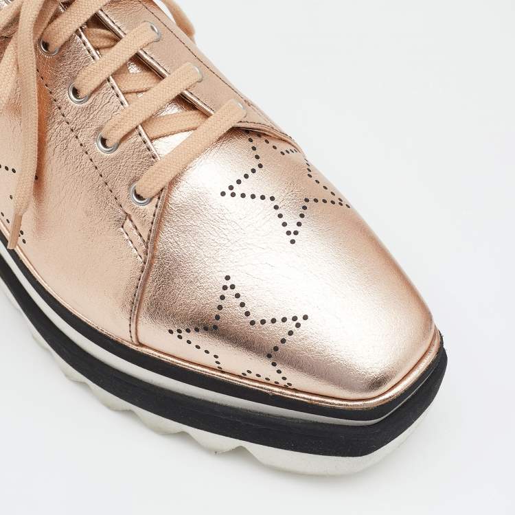 Pre Owned Stella McCartney Metallic Gold  Faux Perforated Leather Elyse Star Platform Derby Size 37