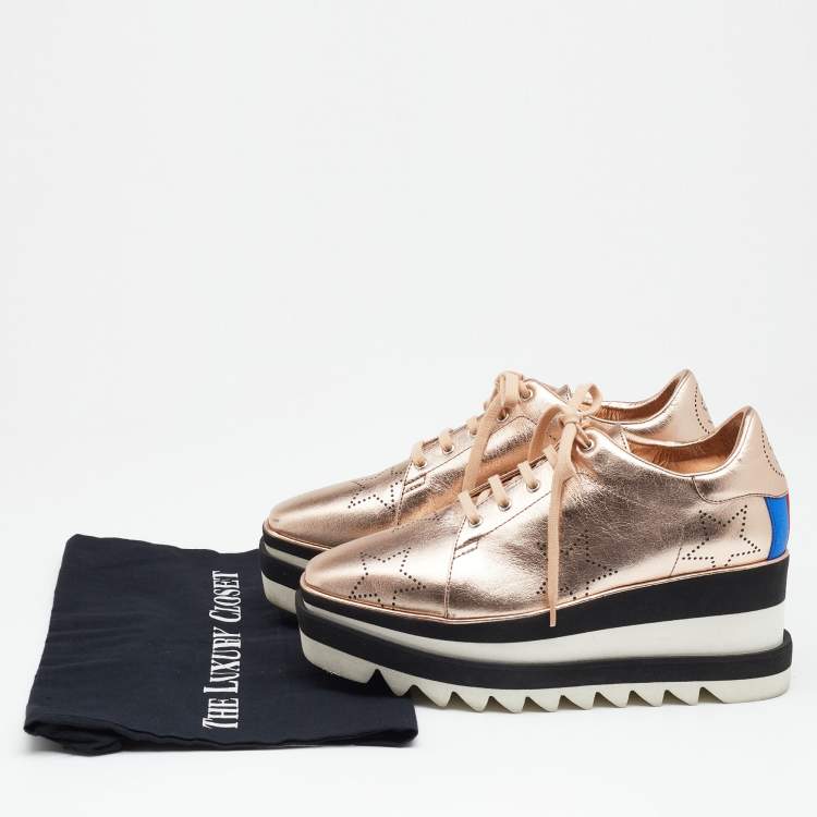 Pre Owned Stella McCartney Metallic Gold  Faux Perforated Leather Elyse Star Platform Derby Size 37