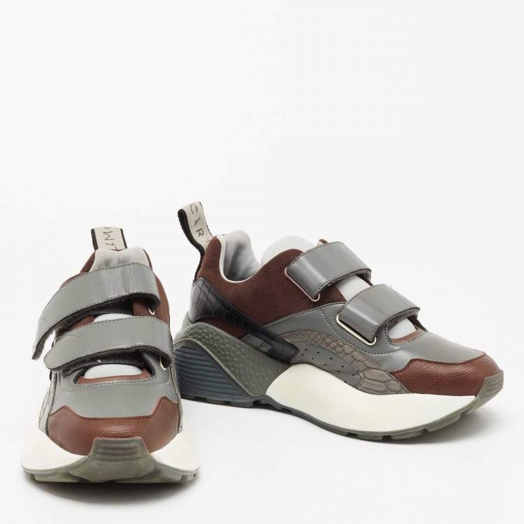 Pre Owned Stella McCartney Multicolor Faux Suede/Croc Embossed Leather Eclypse Velcro Strap Sneakers Size 40