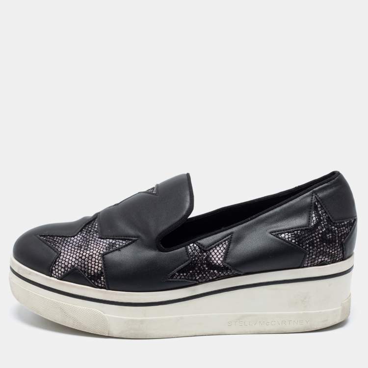 Pre Owned Stella McCartney Black Faux Leather and Faux Snake Print Binx Star Platform Slip On Sneakers Size 38