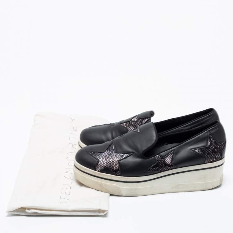 Pre Owned Stella McCartney Black Faux Leather and Faux Snake Print Binx Star Platform Slip On Sneakers Size 38