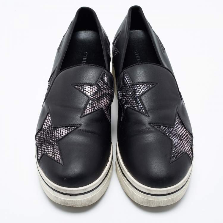 Pre Owned Stella McCartney Black Faux Leather and Faux Snake Print Binx Star Platform Slip On Sneakers Size 38