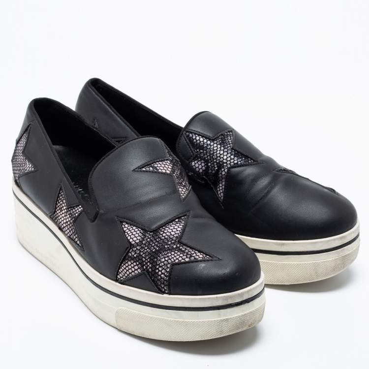 Pre Owned Stella McCartney Black Faux Leather and Faux Snake Print Binx Star Platform Slip On Sneakers Size 38