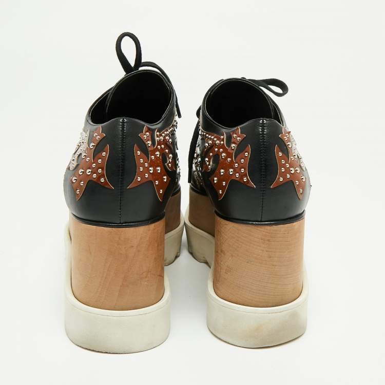 Pre Owned Stella McCartney Black/Brown Studded Appliquéd Faux Leather Platform Derby Sneakers Size 39